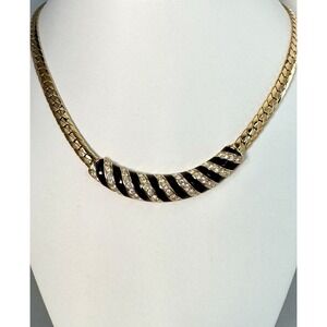 Vintage Swarovski Swan Black Enamel Crystal Collar Necklace Gold Tone